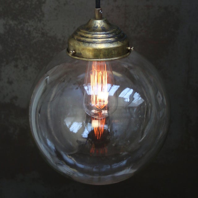 Mid-Century Modern Vintage European Clear Glass and Brass Top Pendant Light For Sale - Image 3 of 7