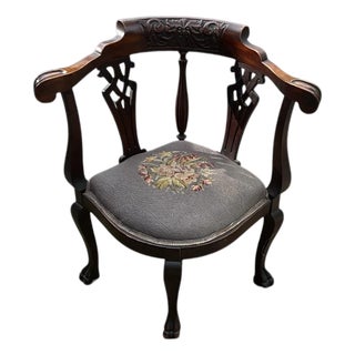 Vintage Chippendale – Style Corner Chair With Carved Crest Rail “North Wind” Motif” and Needlepoint Seat For Sale