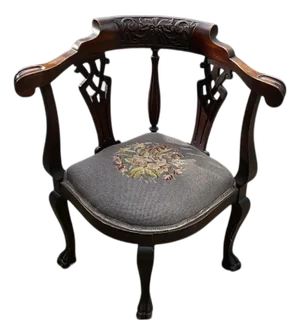 Vintage Chippendale – Style Corner Chair With Carved Crest Rail “North Wind” Motif” and Needlepoint Seat