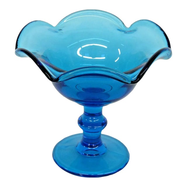 Imperial Blue Glass Ruffled Rim Pedestal Compote Candy Dish For Sale