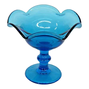 Imperial Blue Glass Ruffled Rim Pedestal Compote Candy Dish