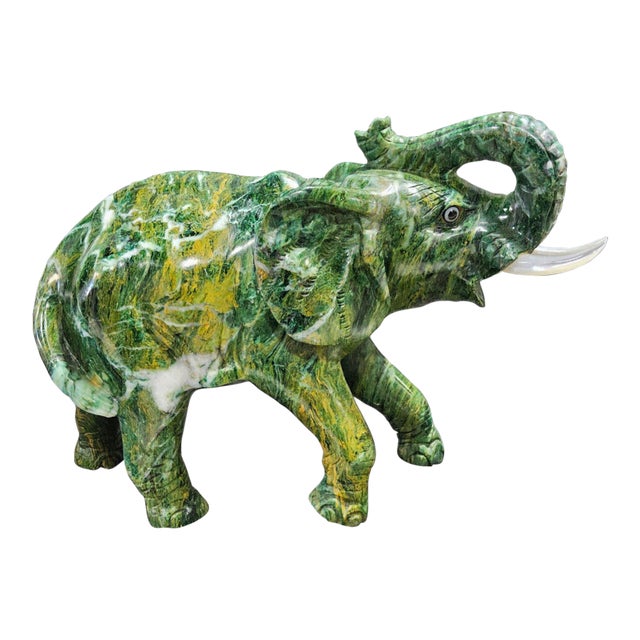 Large Carved Serpentine “New Jade” Elephant Sculpture — Hollywood Regency Palm Beach Estate Object For Sale