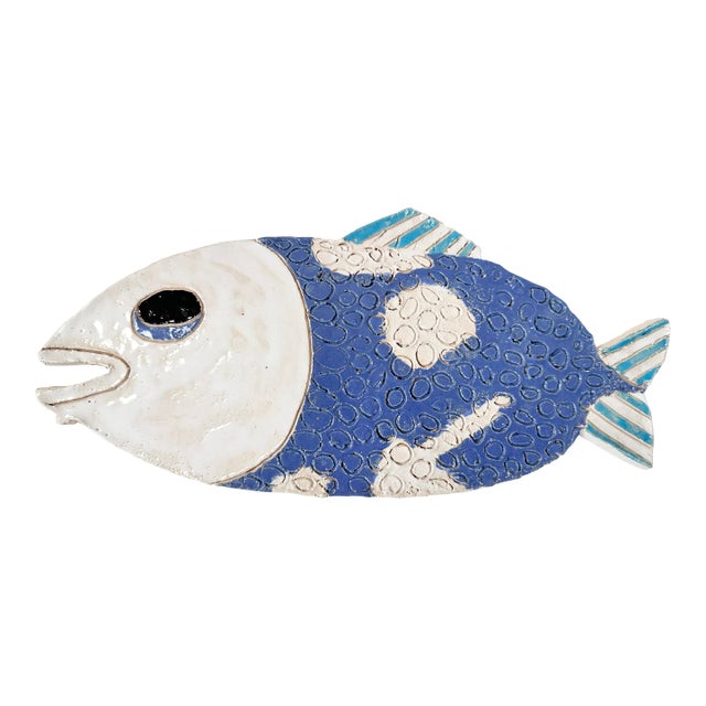Mid 20th Century Handmade Coastal Ceramic Fish Wall Plaque | Blue & White Textured Pottery Sculpture For Sale