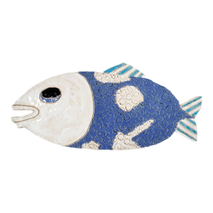 Mid 20th Century Handmade Coastal Ceramic Fish Wall Plaque | Blue & White Textured Pottery Sculpture