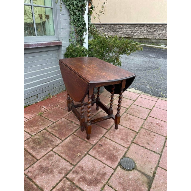 Brown Antique English Table Drop Leaf Gateleg Barley Twist Oak Oval C. 1920-30s For Sale - Image 8 of 9