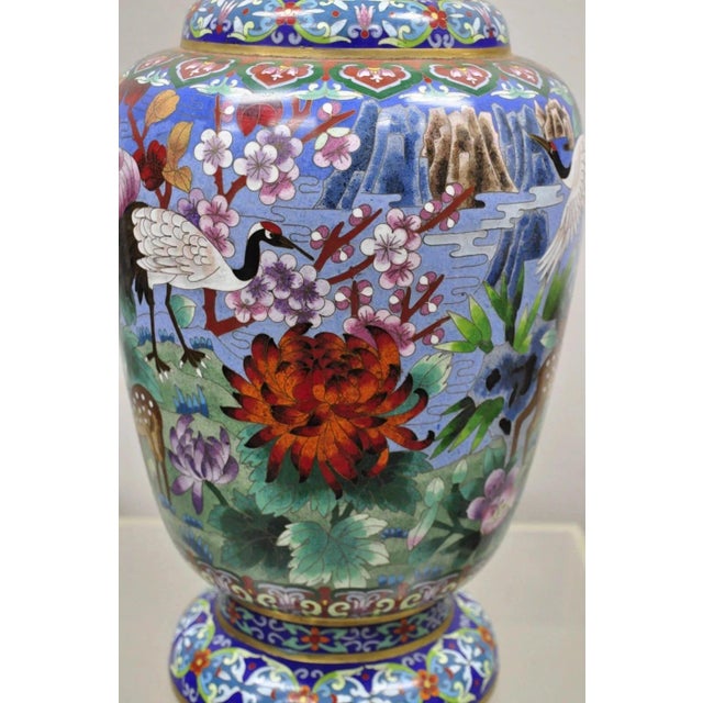 Metal Vintage Chinese Cloisonné Porcelain Enamel Figural Crane and Deer Vase - A Pair For Sale - Image 7 of 11