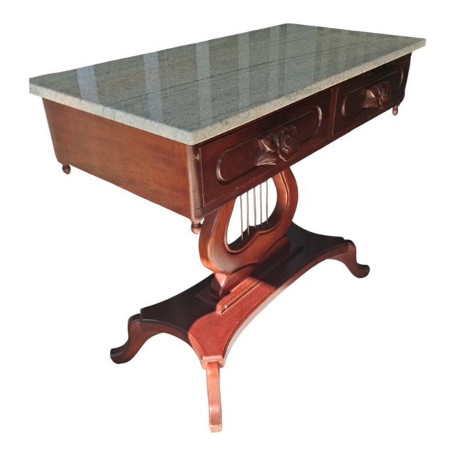 Vintage Victorian Lyre Base Foyer Console Table With Granite/Marble Top For Sale In Raleigh - Image 6 of 12