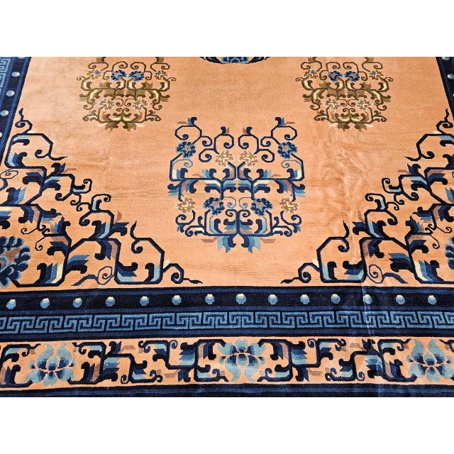 Early 20th Century Art Deco Chinese Rug, Handwoven Wool Pile, Apricot & Navy, Lotus Motif, 8' x 11' For Sale - Image 15 of 18
