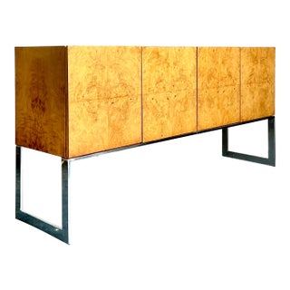 Vintage Boho Bookmatched Burl Credenza After Milo Baughman for Thayer Coggin For Sale