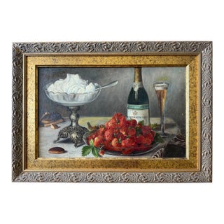 1940s M. Heller Hermann (B. 1897) German Still Life With Strawberries & Champagne, Oil on Board For Sale