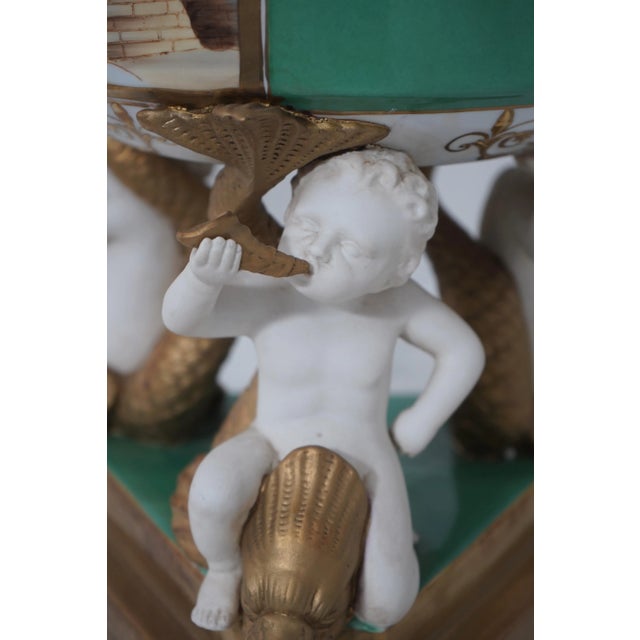 Gold Pair French Style Lidded Urns W. Cherub Bases For Sale - Image 8 of 11