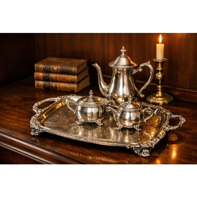 English Oversized Vintage F. B. Rogers Footed Silverplate Butler Tray With Handles — 27.75” Palm Beach Regency • Tea Service • Grandmillennial- See Pics! For Sale - Image 3 of 9