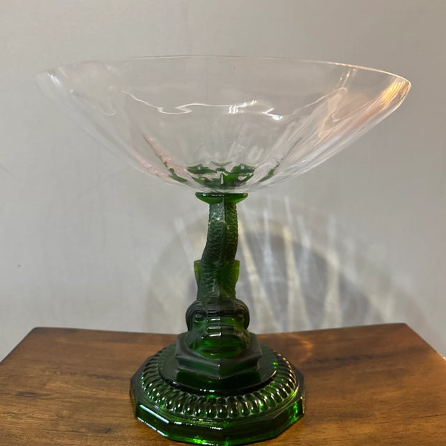 Art Nouveau Vintage Dolphin Green and Clear Glass Bowl For Sale - Image 3 of 11