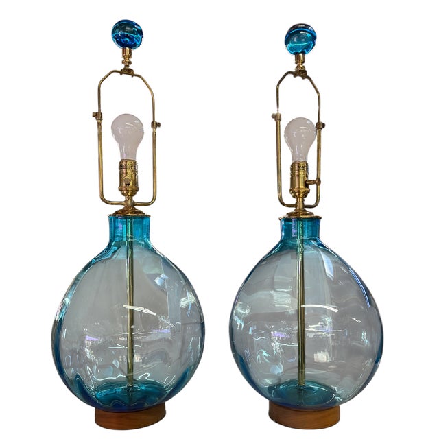 Modern Pair of Arteriors Cerulean Blue Glass Tables Lamps For Sale - Image 3 of 9