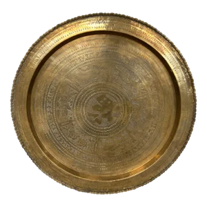 Large Asian Round Brass Tray Table, Wall Hanging, Scalloped Edges