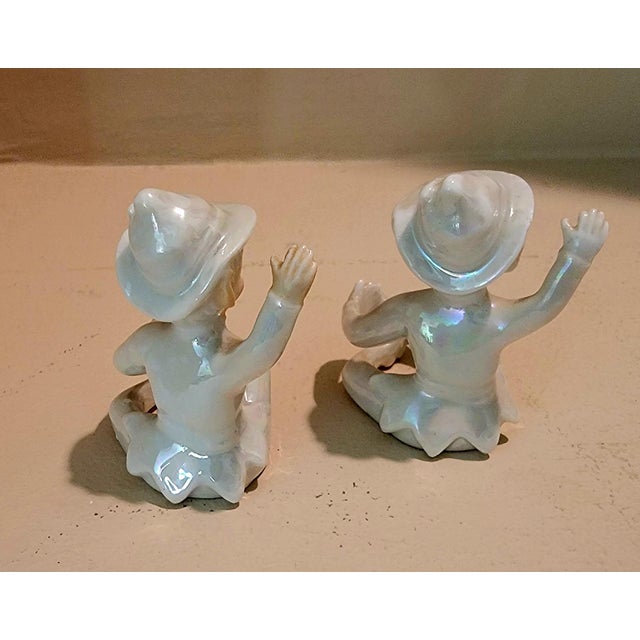 Mid-Century Modern Vintage Pixie Elves Figurine Candle Huggers Holders. Mid-Century Iridescent Lusterware. Made in Japan For Sale - Image 3 of 6