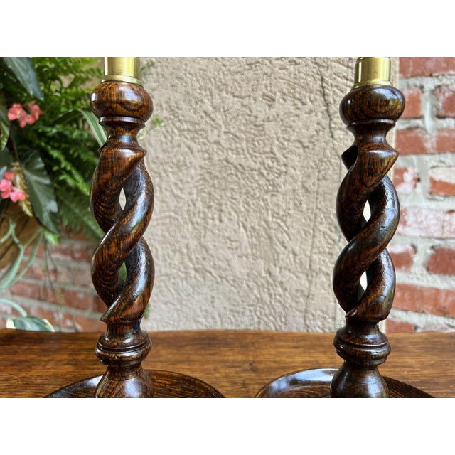 Antique English Oak & Brass Open Barley Twist Candlestick Holders a