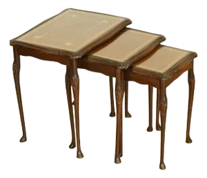Vintage Queen Anne Style Nesting Tables with Brown Embossed Leather Tops, Set of 3