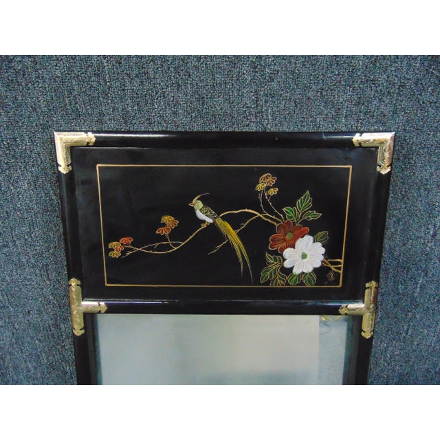 Asian Asian Design Hand Painted Black Lacquered Mirror For Sale - Image 3 of 5
