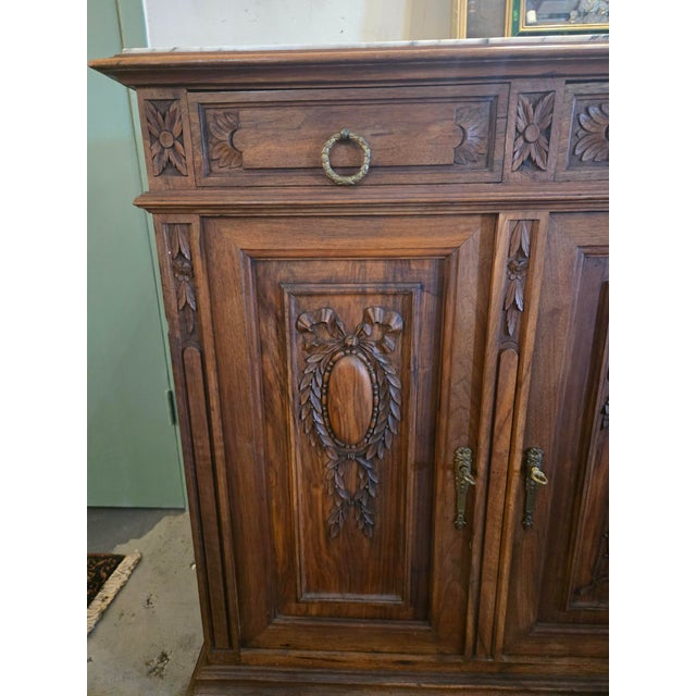 Antique French Louis XVI Style Walnut Sideboard / Buffet With Marble Top 3-Door Cabinet For Sale - Image 9 of 11