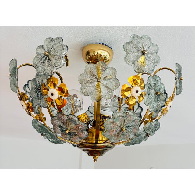 Vintage Water Green Floral Flush Mount Chandelier, Hand-Painted Glass Flower Ceiling Light, Mid-Century Brass Light Fixture - Pair For Sale - Image 15 of 17