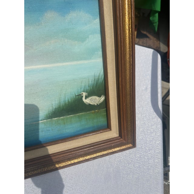 Wood 1990s Lighthouse and Egrets Seascape Painting on Canvas, Signed by the Artist, Framed For Sale - Image 7 of 9