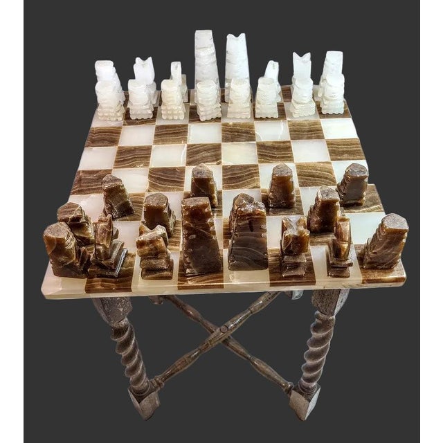 1980s Rare and Distinct Handcrafted Onyx and Marble Chess Set on Jacobean Style Wooden Frame For Sale - Image 12 of 13