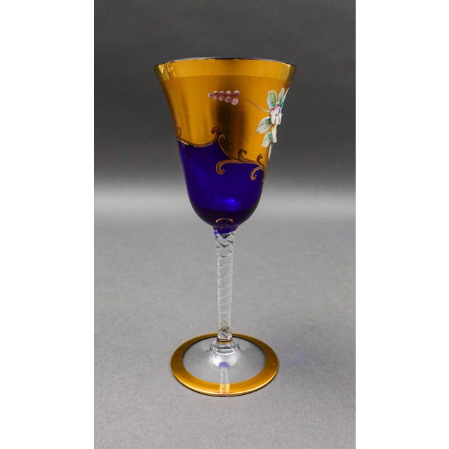 Blue Tre Fuochi Venetian Glass Cobalt Blue 24k Gold Wine Glasses Set of 6 For Sale - Image 8 of 11