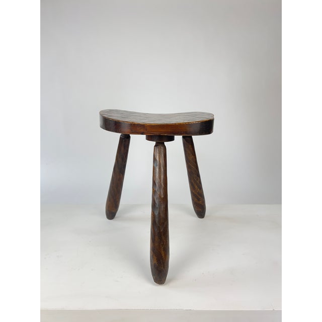 Brutalist Vintage Brutalist Rustic Carved Wood Tripod Stool, France, 1930s For Sale - Image 3 of 12