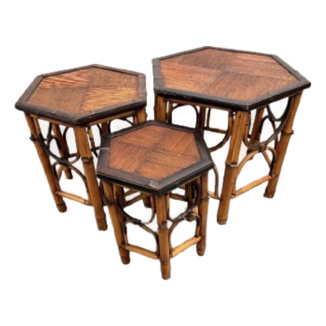 1970s Vintage Burnt Bamboo & Rattan Nesting Hexagon Shaped Tables - Set of 3 For Sale