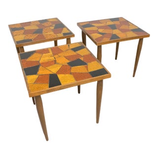 Mid-Century Modern Georges Briard Mosaic Glass and Wood Side Tables, 3 Pieces For Sale