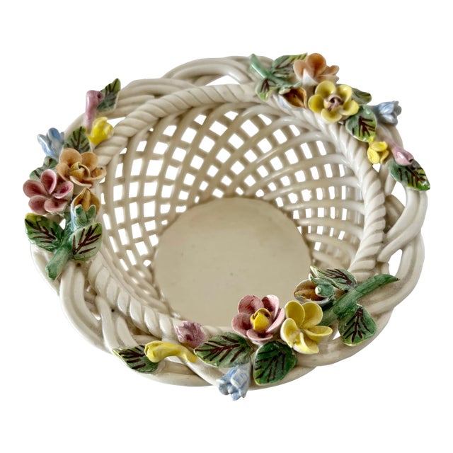 1980s Vintage European Ceramic Floral Basket For Sale