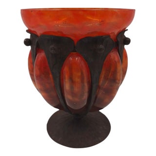 1920s Art Deco Charles Schneider Mottled Art Glass Compote in Wrought Iron Mount - 8" For Sale