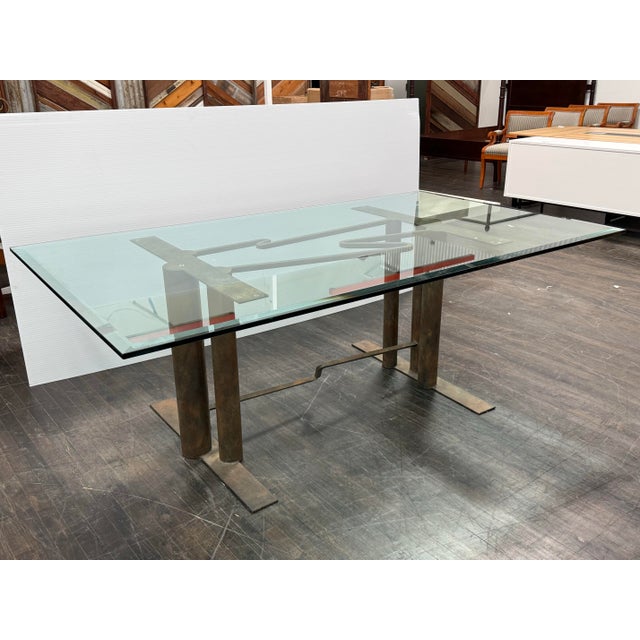 Industrial Bespoke Glass + Sculptural Base Dining Table For Sale - Image 3 of 12