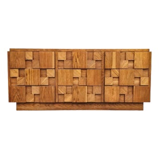 1970s Mid Century Lane Brutalist Oak Lowboy Dresser For Sale