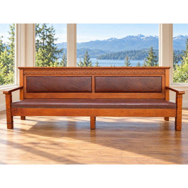 Large 10ft mission oak bench by Henderson-Ames Co., out of Kalamazoo MI. Circa early 1900's. Original metal manufacturers...