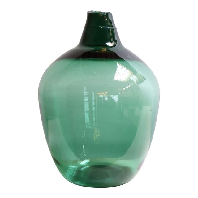 Vintage French Blown Glass Wide Neck Demijohn Carboy in Teal Green For Sale
