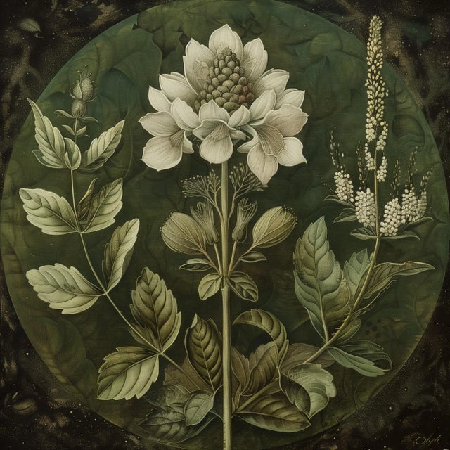 Grisaille Dark Green Flowers - Botanical Fine Art Print Dimensions: Print size (in): 18 x 18 (additional white borders for...