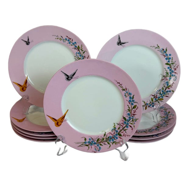 Antique French Floral & Butterfly Pink Limoges Porcelain Dinner Plates – Set of 10 For Sale In Houston - Image 6 of 8