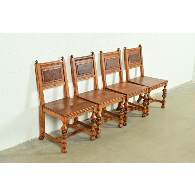 Romweber Early Romweber Antique English Jacobean Carved Oak and Burl Wood Dining Chairs, Set of Four For Sale - Image 4 of 13