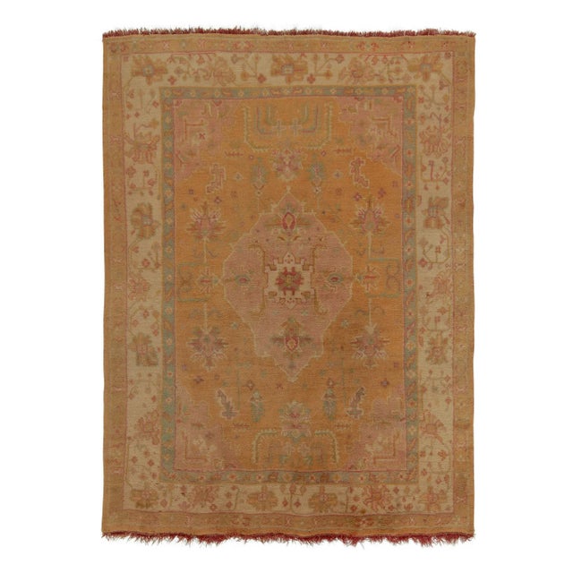 Gold Antique Tribal Oushak Rug in Gold, Pink, Beige Floral Medallion Pattern For Sale - Image 8 of 8