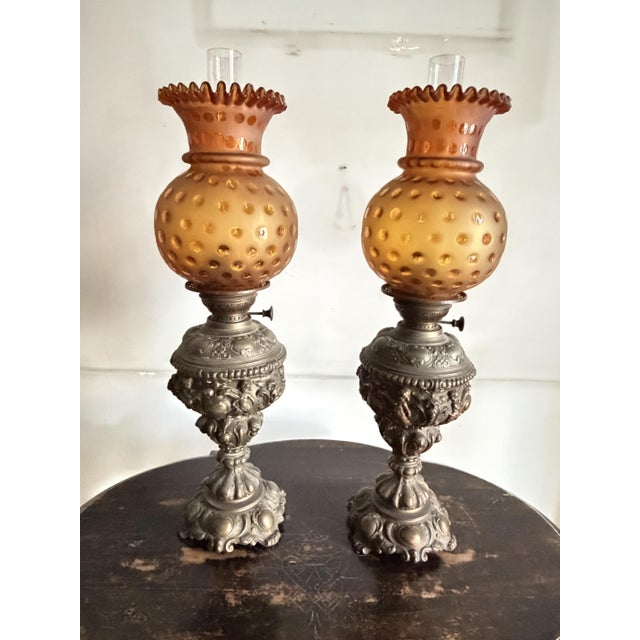 Oil Lamps in Bronze and Amber Glass, 1930, Set of 2 For Sale - Image 9 of 9