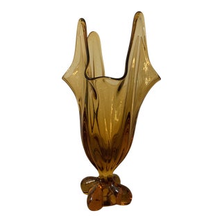 Mid-Century Modern Fenton Large Amber Glass Footed Swung Vase For Sale