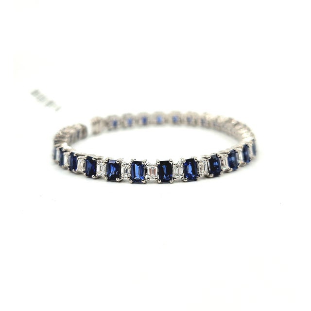 Blue 13.73 Ct Natural Emerald-Cut Sapphire & Diamond Tennis Bracelet For Sale - Image 8 of 8