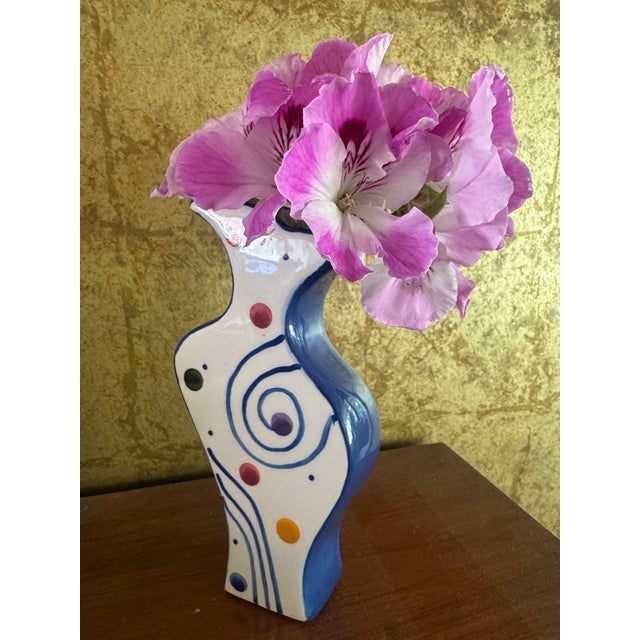 1990s Ceramic Art Vase With Swirl and Dot Pattern and Blue Sides For Sale - Image 9 of 10