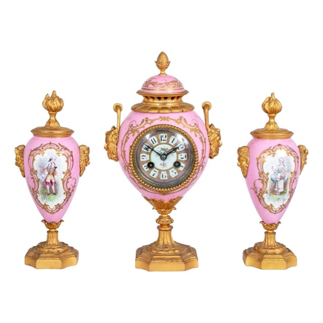 Louis XVI Style Gilt Bronze Sevres Clock Set, 3 For Sale