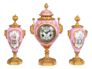 Louis XVI Style Gilt Bronze Sevres Clock Set, 3