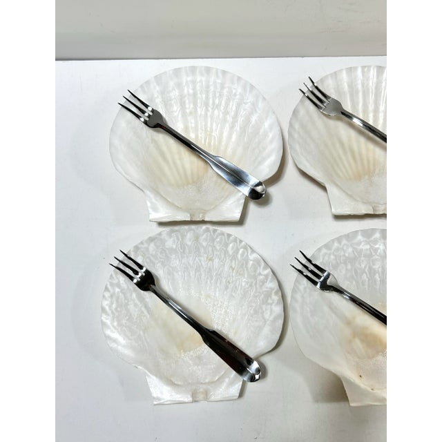 Figurative 1970s Seashell Appetizer Plates & Forks – Coastal Set of 6 For Sale - Image 3 of 10