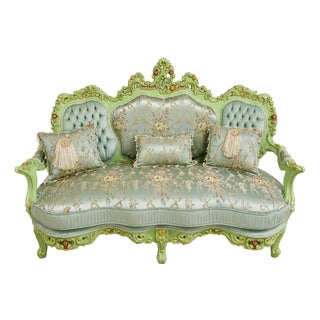 Rococo Mint Green Damask Sofa – Ornate 3-Seater Settee With Gold Leaf Carved Wood Frame For Sale
