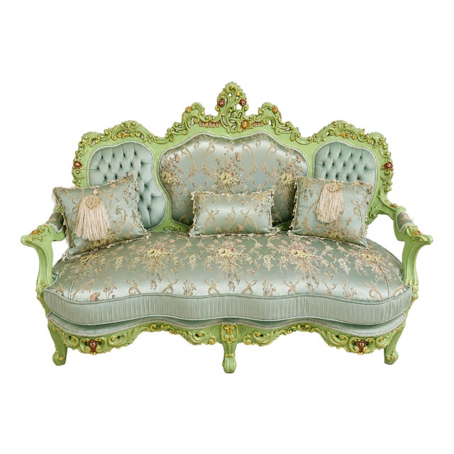Rococo Mint Green Damask Sofa – Ornate 3-Seater Settee With Gold Leaf Carved Wood Frame For Sale